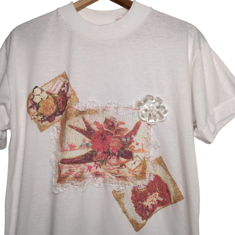 Vintage Precious Knits Shirt Small White Lace Gold Glitter Bird Roses Grannycore